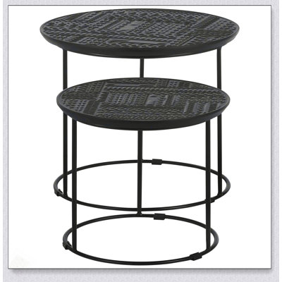 Matte Black 2-Piece Nesting Table Set With Embossed Mango Wood Top, Perfect For Modern And Eco-Friendly Living Spaces.