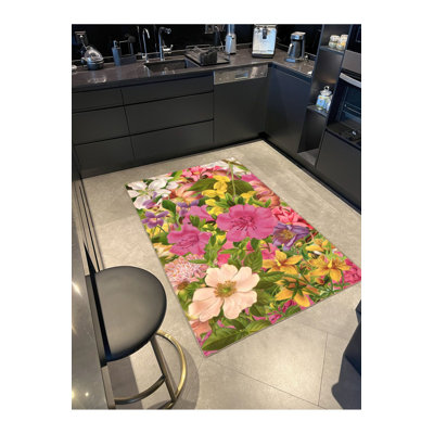 Washable Floral Yellow Colorful Floral Woven Area Rug