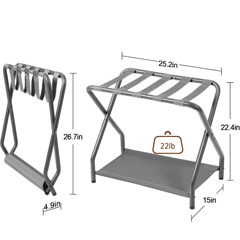 Gray Foldable Metal Luggage Rack with Storage Shelf, Set of 2