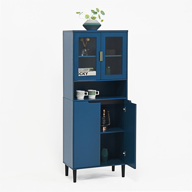 Tall Blue Lockable Bathroom Storage Cabinet with Glass Doors