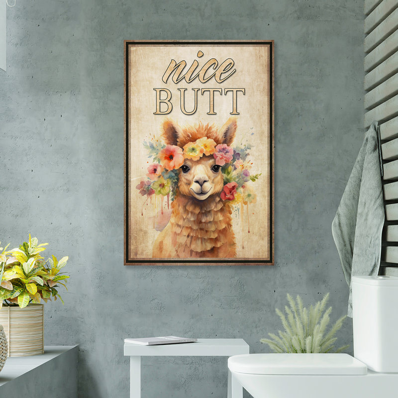 Lama portant des lunettes - belle toile tendue avec toile tendue - décor d'illustrations animales de salle de bain et de lessive, beige et bleu-vert
