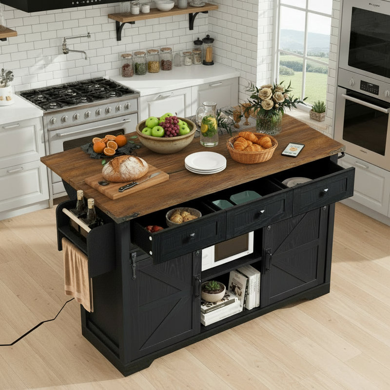 Black Farmhouse-Style Kitchen Island With Double Sliding Barn Doors, Power Outlet, Folding Table, Spice Rack, And Rolling Trolley For Home Dining.
