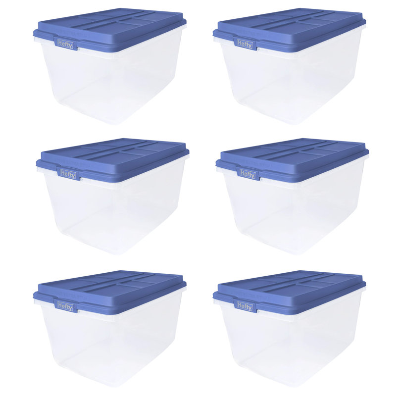 Contenant de rangement empilable Hefty 72 Qt Hi-Rise avec couvercle, paquet de 6, bleu, 72