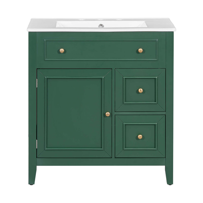 Meuble-lavabo 30 po avec comptoir, meuble-lavabo avec porte et deux tiroirs, structure en bois massif, un paquet, vert