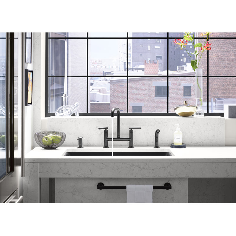 Kohler Purist® Two Handle Deck-Mounted Bridge Kitchen Sink Faucet with Pull Out Side Sprayer, Titanium