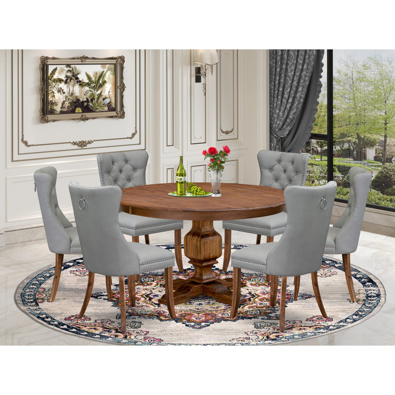 Ensemble de salle à manger 7 pièces Mid Century composé d'une table et de 6 chaises rembourrées en tissu de polyester gris clair avec dossier capitonné, noyer antique