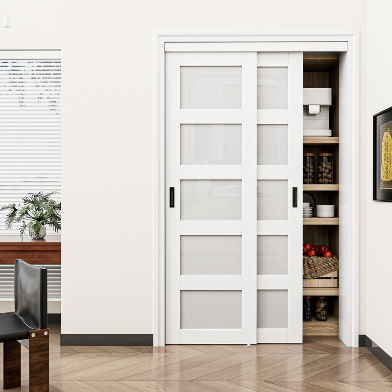 Porte coulissante 48 po x 80 po (double l 25 po) en verre givré 5 l, blanc, trousse de quincaillerie et poignées incluses