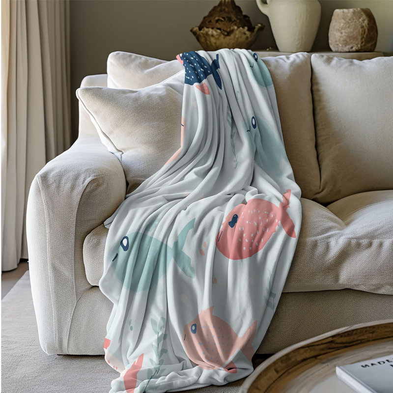 Adorable motifs de poissons - couverture en sherpa de qualité supérieure 1 pièce, Grand lit