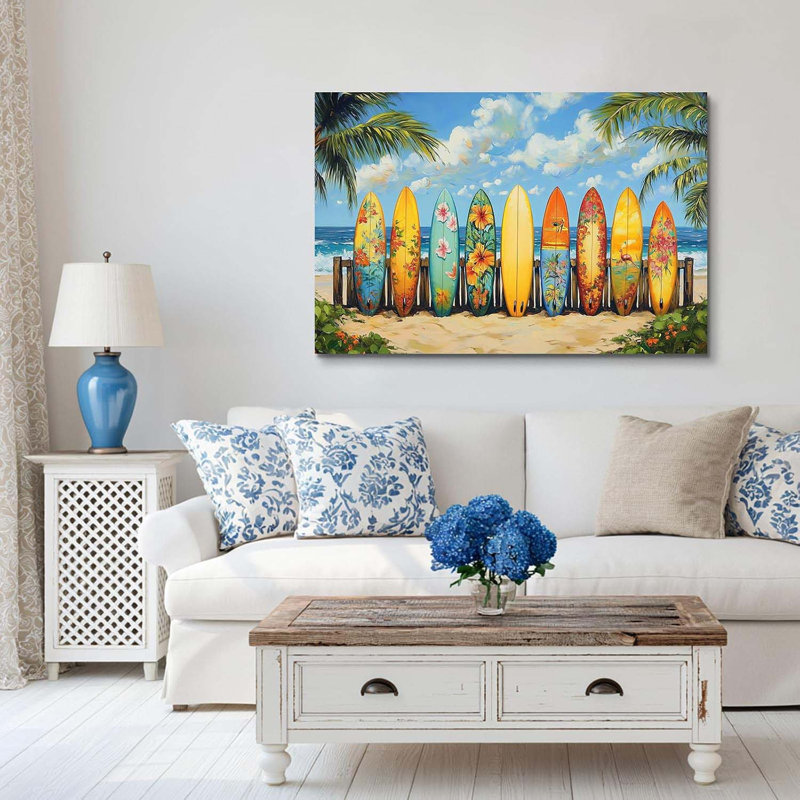 Tropical Surfboard Canvas Wall Art Colorful Beach Painting