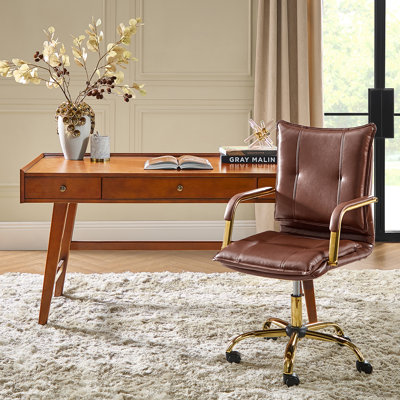 Lundgren Mid Century Modern 2-Piece Faux Leather Office Chair with Padded Arms and Solid Wood Built-in Outlets Desk Set