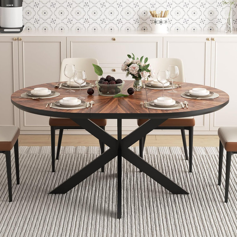 Ensemble de table de salle à manger extensible de 47 à 63 po pour 4 à 6 personnes avec plateau en bois massif et base en métal, comprend 4 chaises rembourrées de couleur brun, finition noyer
