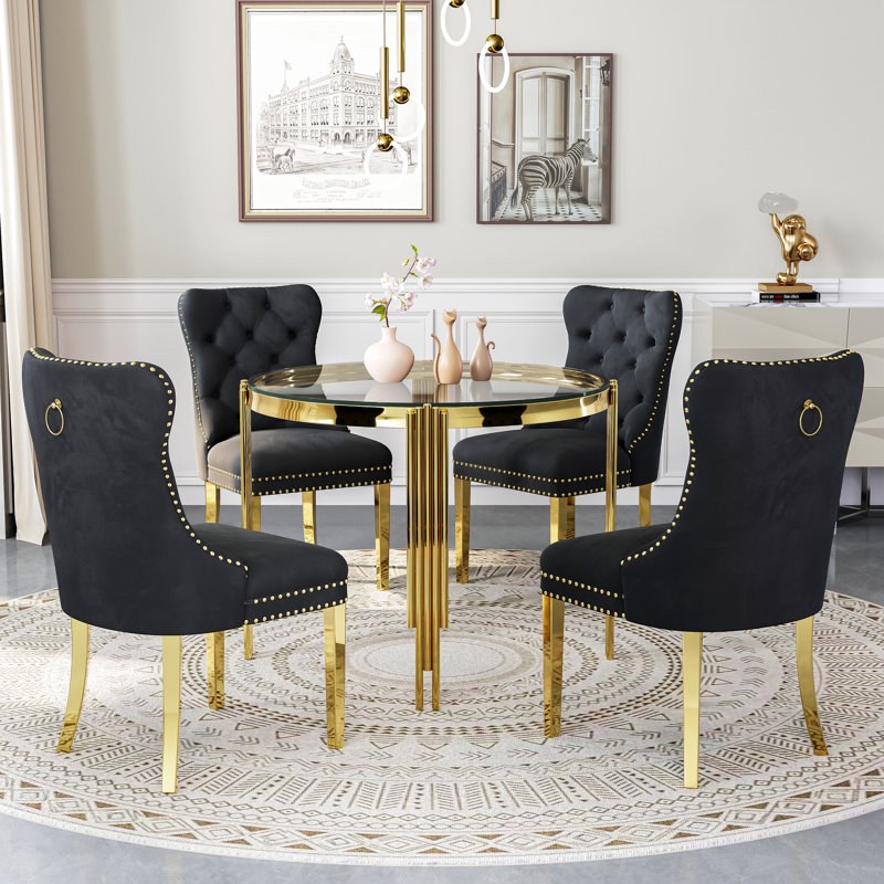 37"Modern Glass Dining Table Set, Irregular Stainless Steel Table Legs And Velvet Tufted Backrest Chairs, Black/Gold