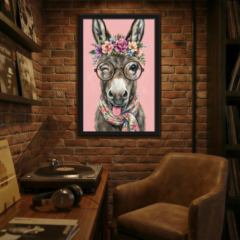 Animaux, âne avec fleurs, lunettes, foulard, fond rose, H 36 po x l 24 po