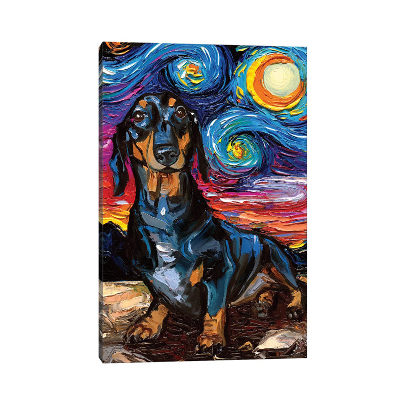 Black And Tan Dachshund Night II by Aja Trier - Wrapped Canvas Painting, 20.32 cm H x 30.48 cm W