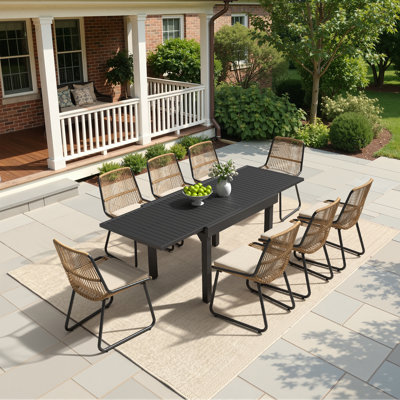 8-Person Metal Outdoor Extendable Dining Set with Aluminum Table, PE Wicker Chairs and Removable Cushions
