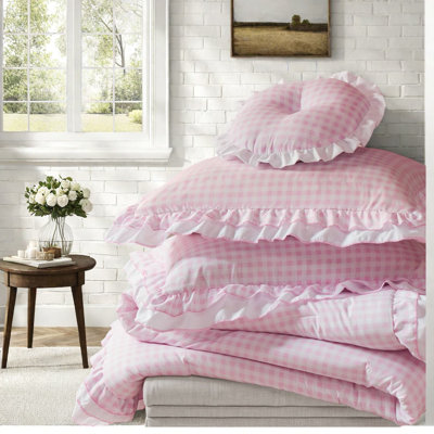 Ensembles de literie romantiques roses, édredon en microfibre à double bordure à volants pour les chambres confortables