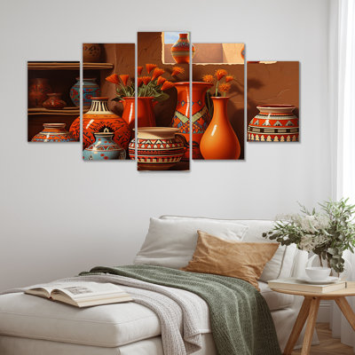 Ensemble de 5 vases mexicains en terre cuite à fleurs orange - fenêtre florale