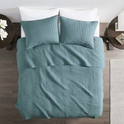Courtepointe 3 pièces bleu sarcelle pour lit double / grand lit - Microfibre avec rembourrage en coton, réversible, courtepointe à piqûre à canal, décore élégamment la chambre à coucher, comprend et 2 taies décoratives en microfibre, rembourrage, rehausse le glamour,