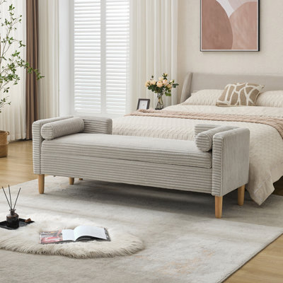 Banc de rangement à dossier rabattable en velours côtelé de 64,7 po de largeur, repose-pieds de fenêtre décoratif avec accoudoirs et dossier et 2 traverses en bois d'hévéa pour le salon, le couloir et la chambre du vestibule