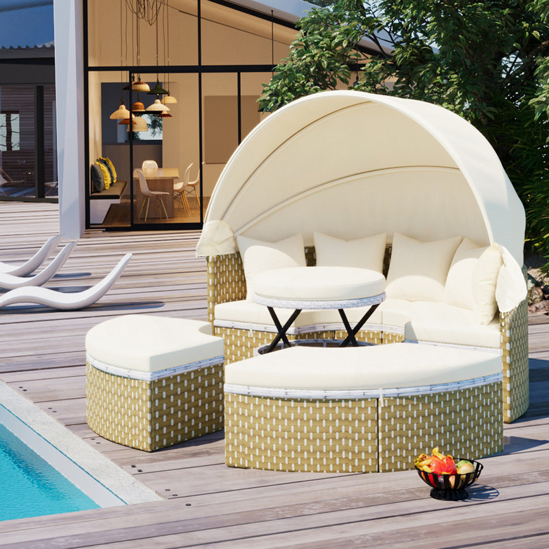 Patio Furniture Round Outdoor Sectional Sofa Set Rattan Daybed Two-Tone Weave Sunbed With Retractable Canopy, Separate Seating And Removable Cushion