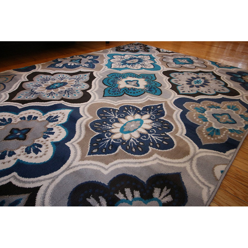 Tapis bleu / brun / ivoire à motif floral Baskett, Rectangle 5 pi 3 po x 7 pi 4 po