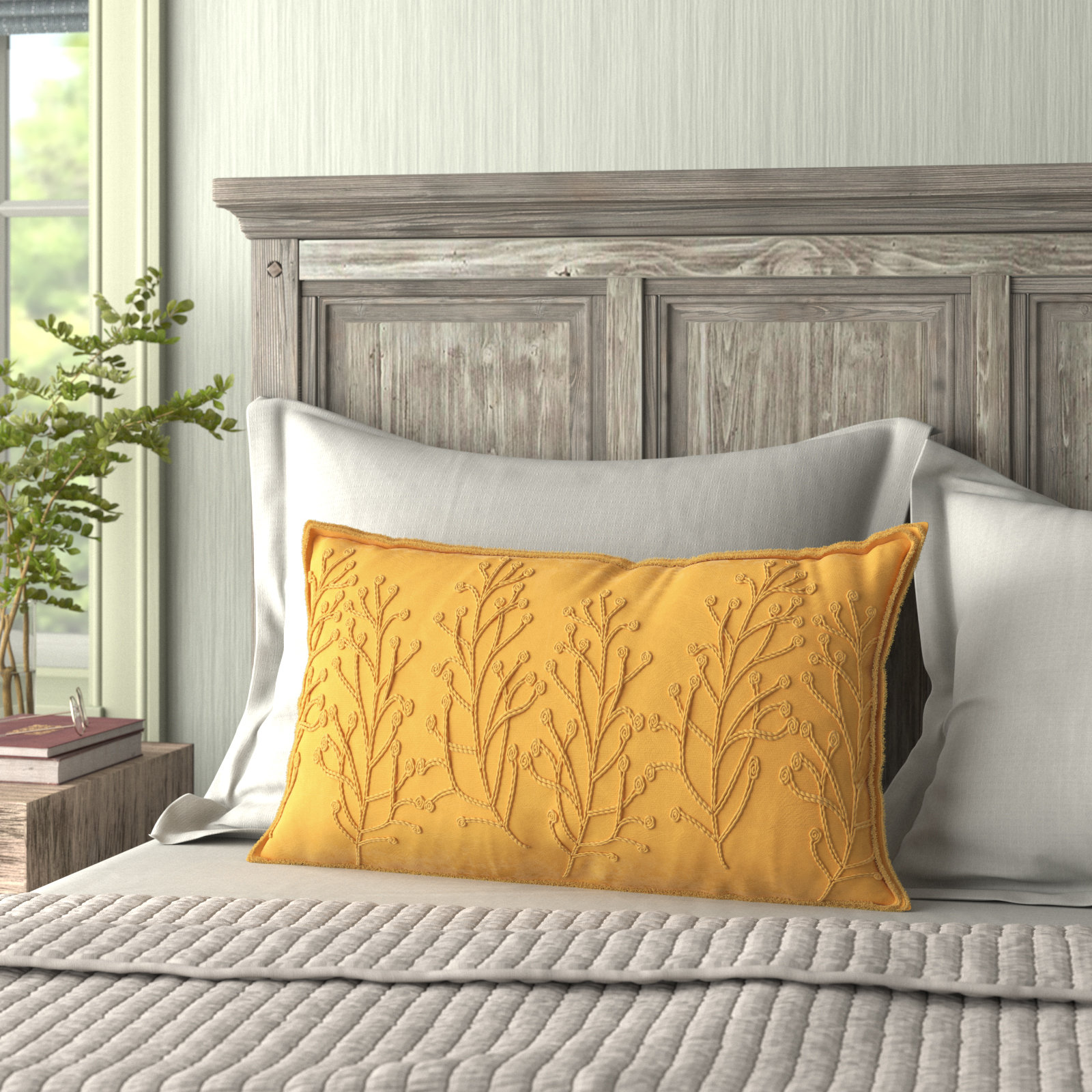 Hollin Embroidered Cotton Lumbar Throw Pillow, Yellow