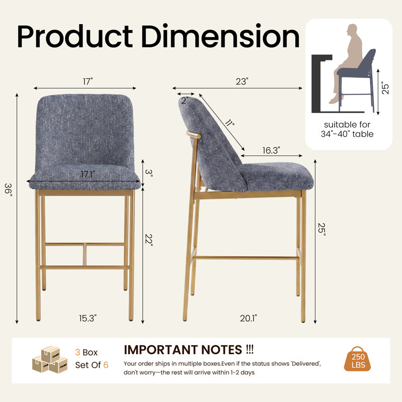 Tabouret de bar à hauteur de comptoir 25 po COLAMY MATRIX, ensemble 4/6, Bleu, 6