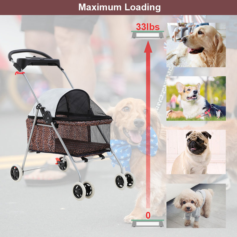 Leopard Print Folding Pet Stroller with Cup Holder