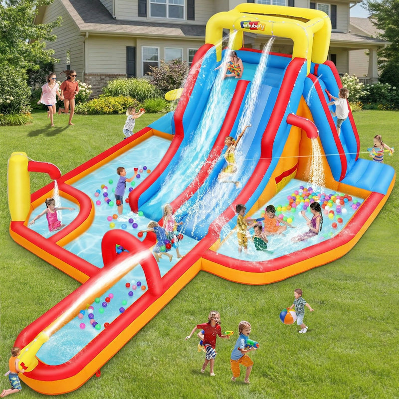 Grande glissade d'eau gonflable, parc aquatique de 5,5 x 4,3 m pour enfants de 3 à 8 ans, tissu Oxford 840D + 420D, long toboggan/pataugeoire/souffleur 680 W/10 accessoires