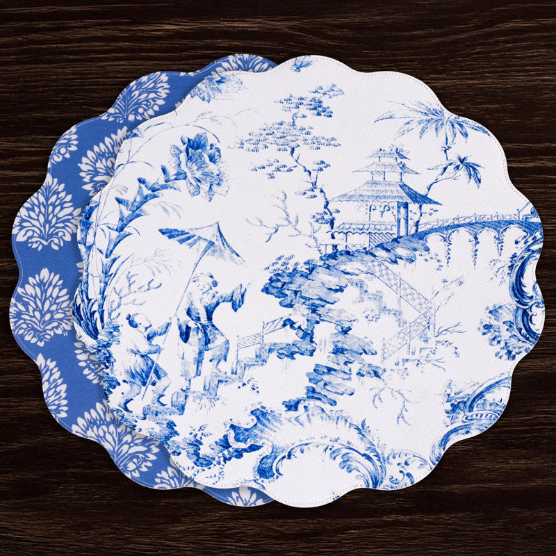 Vida Vinyl Round Placemats, Blue/White