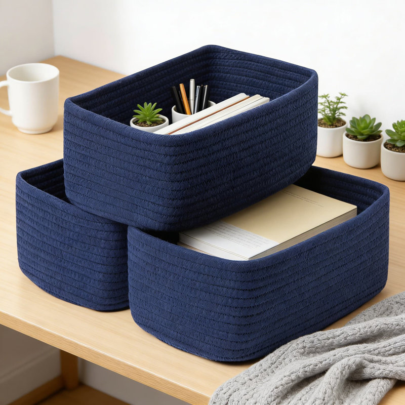 Woven Cotton Storage Baskets Set Of 3, Handmade Organizer Bins For Closet, Shelf, Desk, And Nursery, Decorative Rectangular Baskets For Home Organization