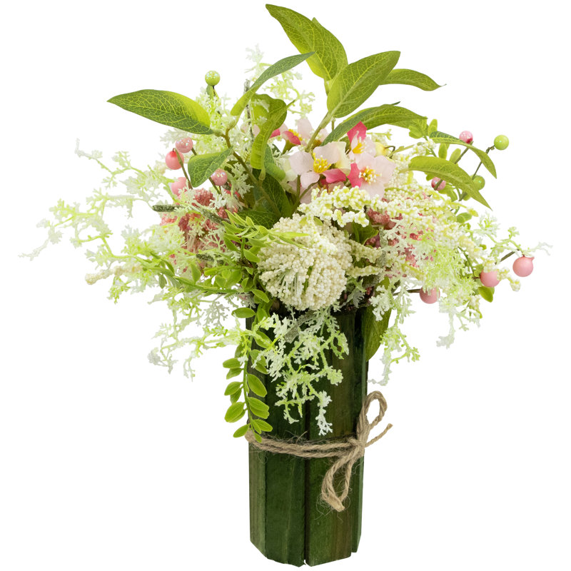 Pink and White Hydrangea Bouquet in Green Wooden Vase with Jute Rope
