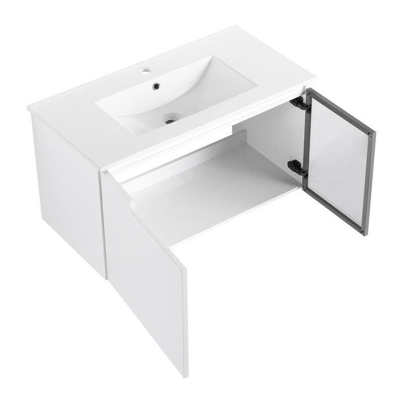 Meuble-lavabo de 36 po avec lavabo en céramique, 2 portes à fermeture douce, armoire blanche brillante, 1/2 porte en verre gris, meuble-lavabo en contreplaqué pour modernisation, demi-rénovation