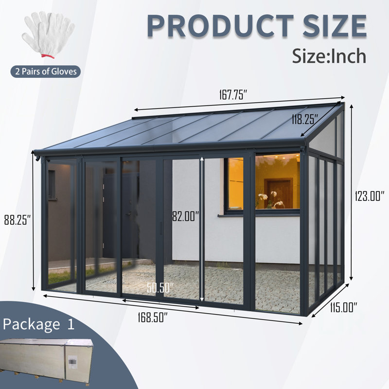 Housse de patio fermée de 10 pi x 14 pi avec 3 portes coulissantes verrouillables, véranda toutes saisons avec cadre en alliage d'aluminium, toit en polycarbonate et système de panneau de panneau d'endurance en PC solide et transparent pour terrasse de jardin