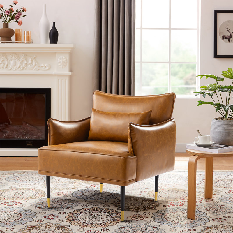 Mid-Century Modern Leatherette Armchair With Legs And Side Pocket, Camel Faux Leather