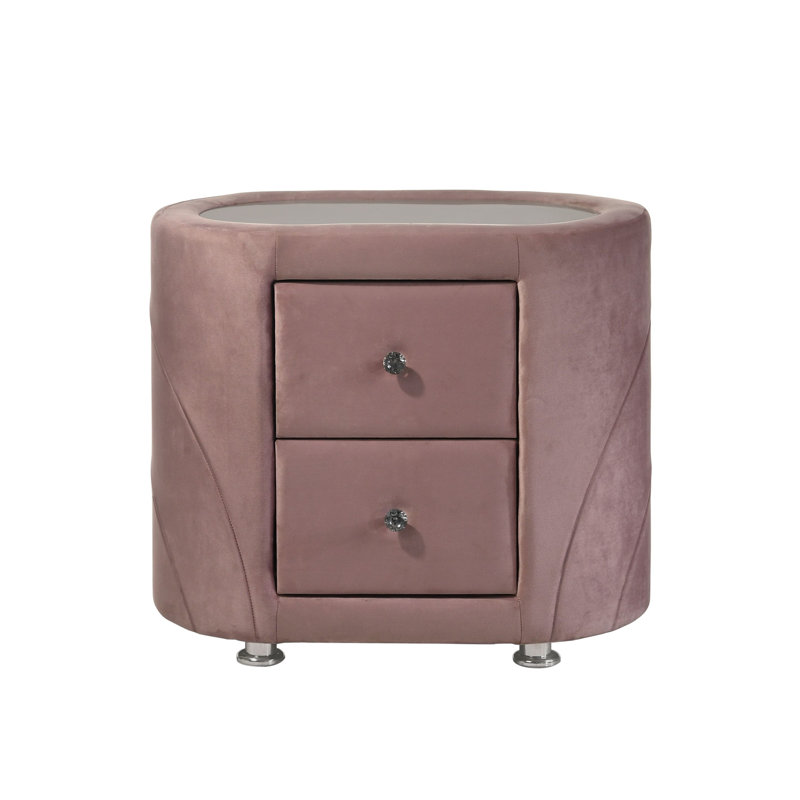 1pièce table de chevet rembourrée en velours avec deux tiroirs et pieds en métal chromé