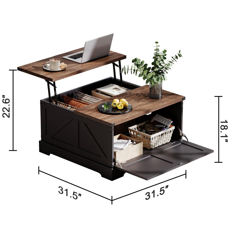 Table basse à plateau relevable carré avec rangement August Grove®, Marron foncé, Noir