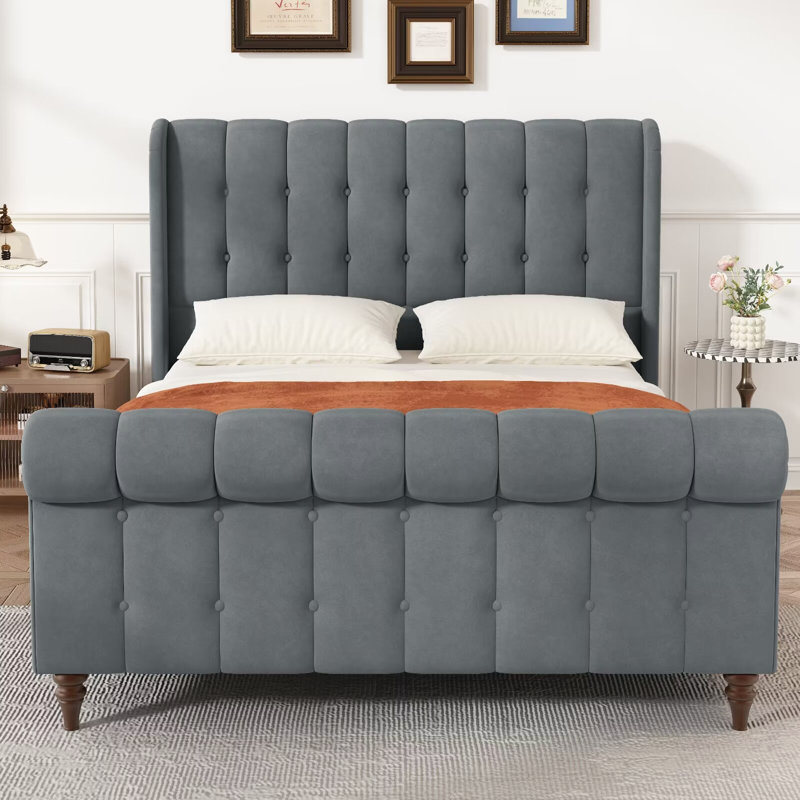 Lit plateforme tapissier avec tête de lit capitonnée et tête de lit capitonnée, tête de lit à oreilles en velours, structure en métal et support à lattes en bois, aucun sommier nécessaire, assemblage facile, silencieux