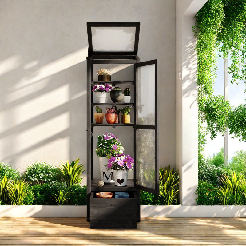 Black Fir Wood Garden Greenhouse with Adjustable Shelves and Storage Box