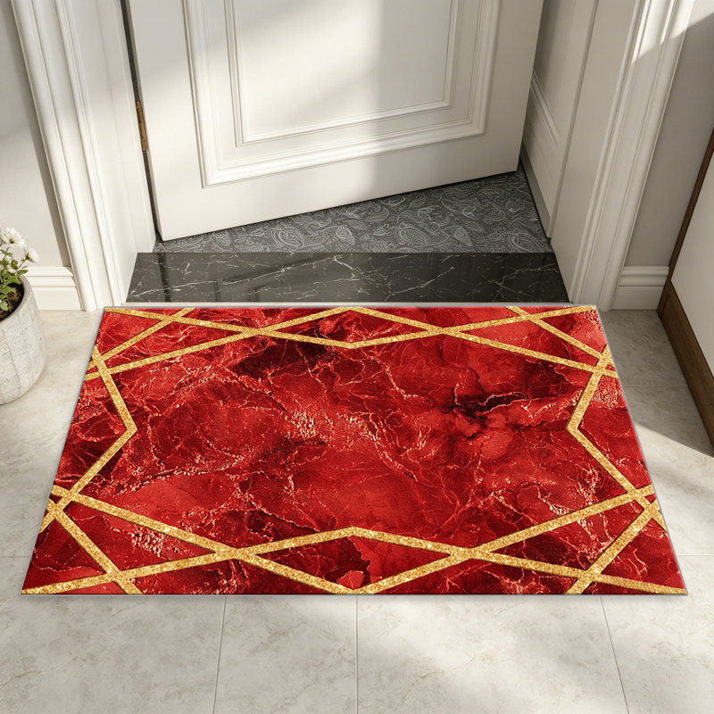 Red Marble with Gold Geometric carpet-easy to clean, machine-washable, soft and comfortable; suitable for door mats, kitchens, living rooms, bedrooms, corridors, and laundry areas. Easy to clean, durable carpet for home decoration.
