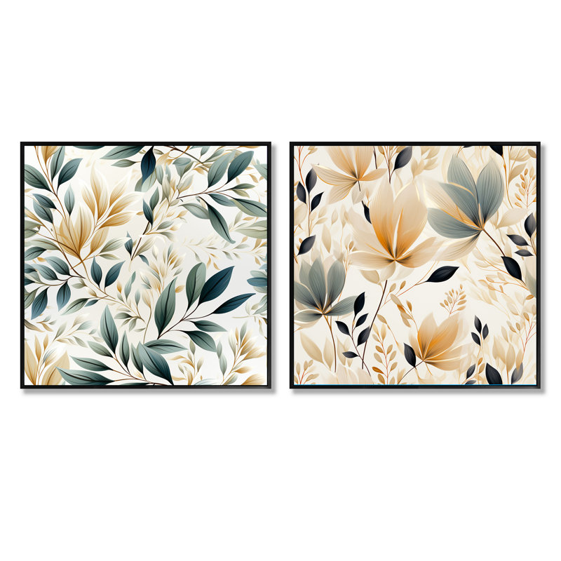 Craner - Ensemble de 2 collages carrés floraux, Cadre flottant noir, H 30 po x l 61 po