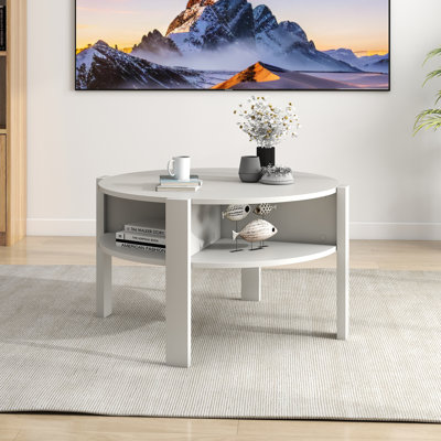 Round Coffee Table with 4 Side Compartments 2-Tier Circle Coffee Table