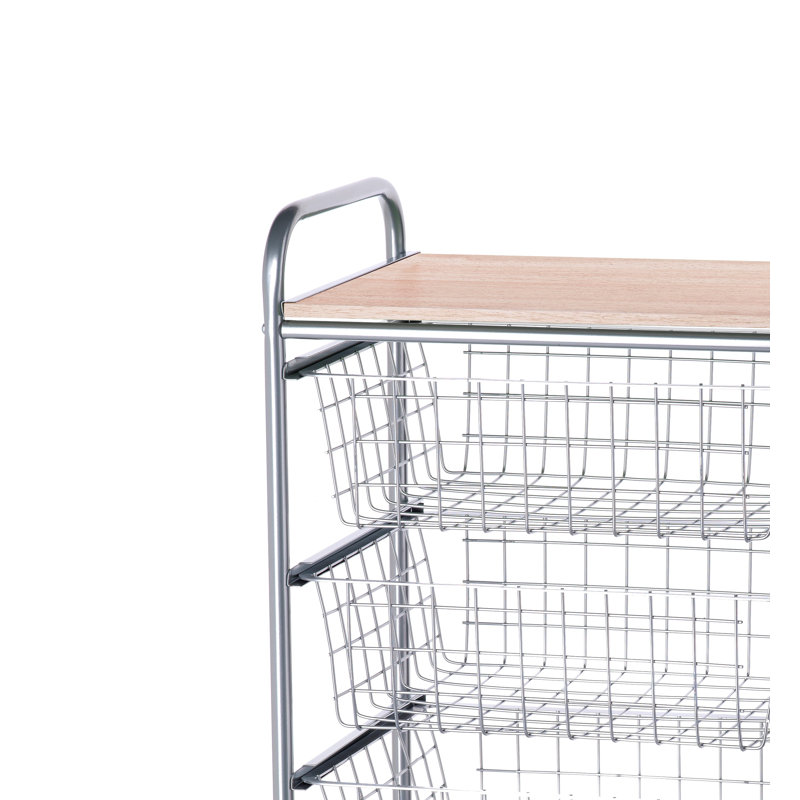 Kitchen Storage Cart with 4 Removable Baskets – Grey Frame & Beech Top, Utility Trolley on Wheels, Aadhav
