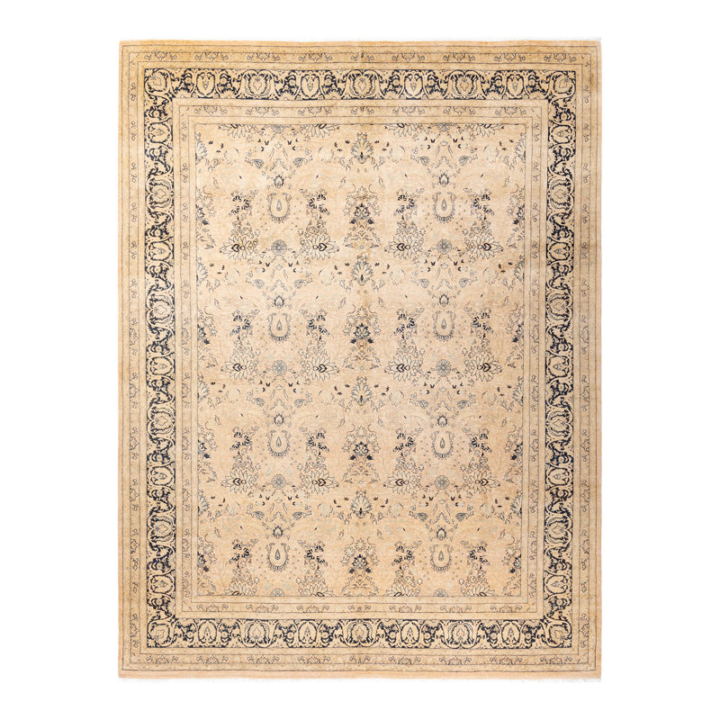 Tapis beige / bleu marine noué à la main de conception unique 8 pi x 10 pi 6 po Serrita