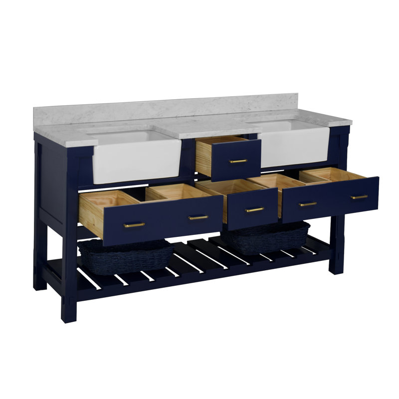 Hitton 72'' Double Bathroom Vanity with Top, Royal Blue, Engineered Carrara