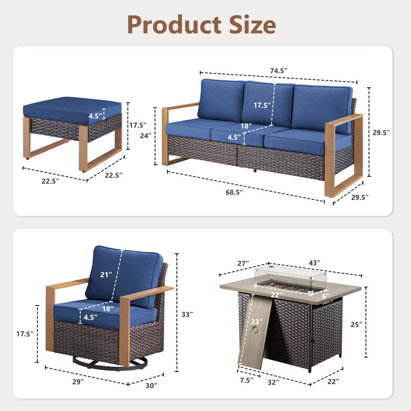 6-Piece Outdoor Rattan Modern Garden Fire Pit Set With Sofa, Swivel Chairs And Ottomans, Blue, Brown