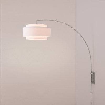 Applique murale arc - Nickel satiné, abat-jour en lin blanc Keena, intensité variable, ampoule incluse