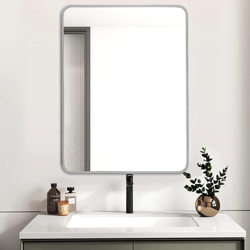 Miroir mural de salle de bain argenté avec cadre en métal argenté 24 x 32 pouces - 4 mm Hd Non Glass, rouille, trousse d'installation encadrée pour alliage de rouille moderne, film incassable