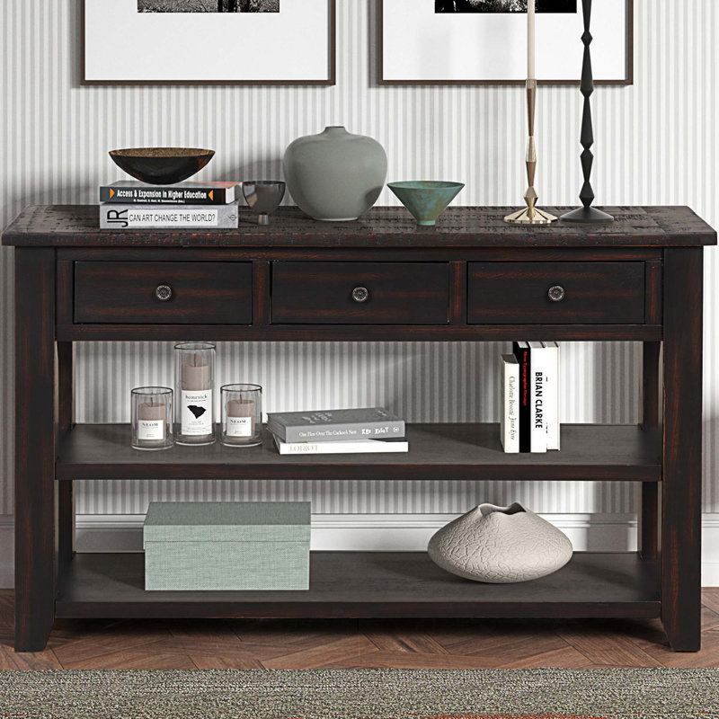 Solid Wood Buffet Console Sofa Table With 3 Drawers And 2 Shelves, Black