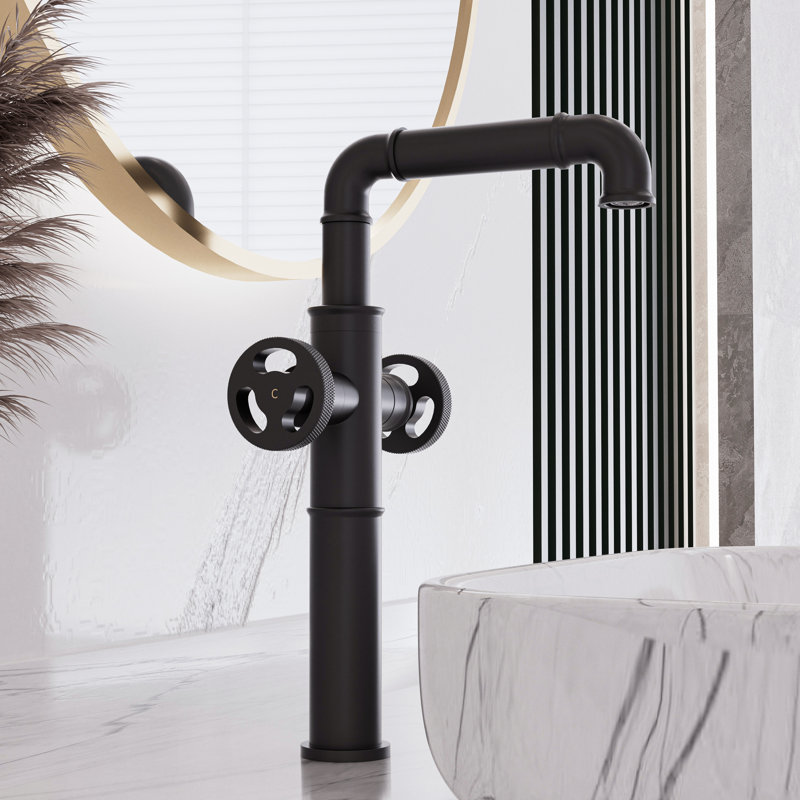 roind Industrial Style Vessel Sink Faucet Round Handle with Vintage Steam Pipe Design, Matte Black